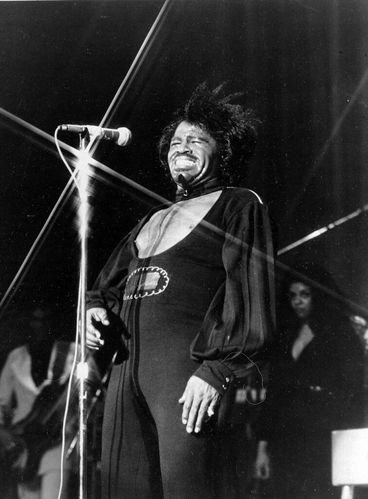 Immagine in bianconero di James Brown davanti a un microfono su un palcoscenico (“James Brown” by Mexicaans fotomagazijn is licensed under CC BY-NC 2.0).