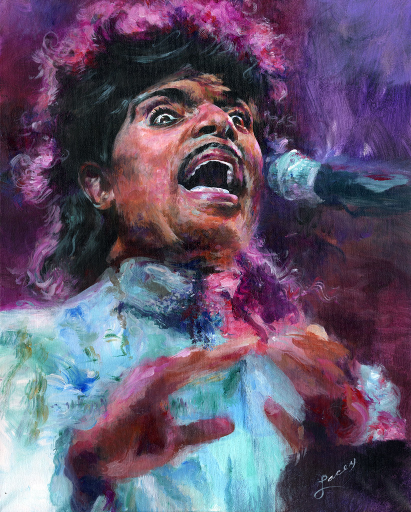 Disegno multicolore di Little Richard in chiave caricaturale mentre canta davanti a un microfono (“Little Richard Tribute Portrait” by Dan Lacey is licensed under CC BY-NC 2.0).