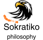 Logo complementare di sokratiko con testa d'aquila stilizzata sopra la scritta Sokratiko (prima riga) e philosophy (riga inferiore).