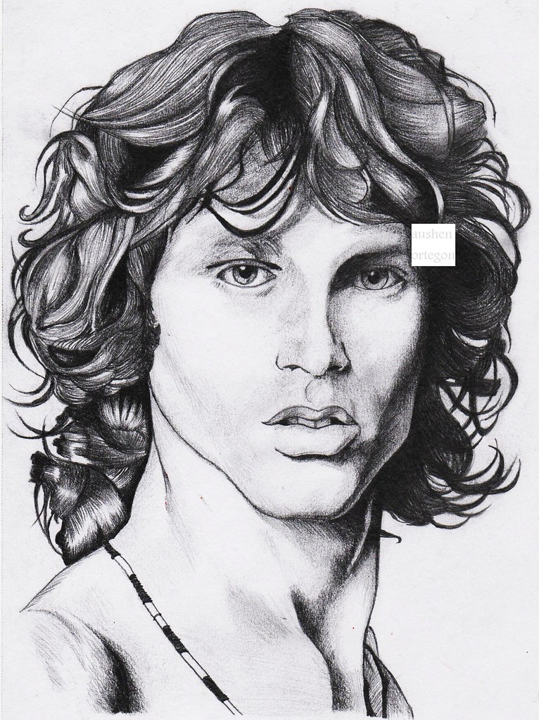 Disegno del volto in primo piano di Jim Morrison realizzato in bianconero (“Morrison” by MorrisonXXI is licensed under CC BY-NC-ND 2.0). La musica rock è una filosofia di vita.