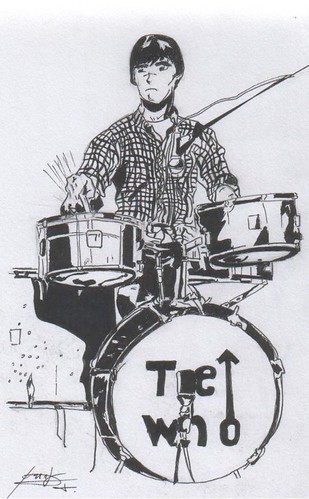 Disegno raffigurante il batterista dei The Who Keith Moon in bianconero (“Andrew’s Moon” by Andrés Quiñones Villablanca is licensed under CC BY-NC-ND 2.0). La musica rock è una filosofia di vita.