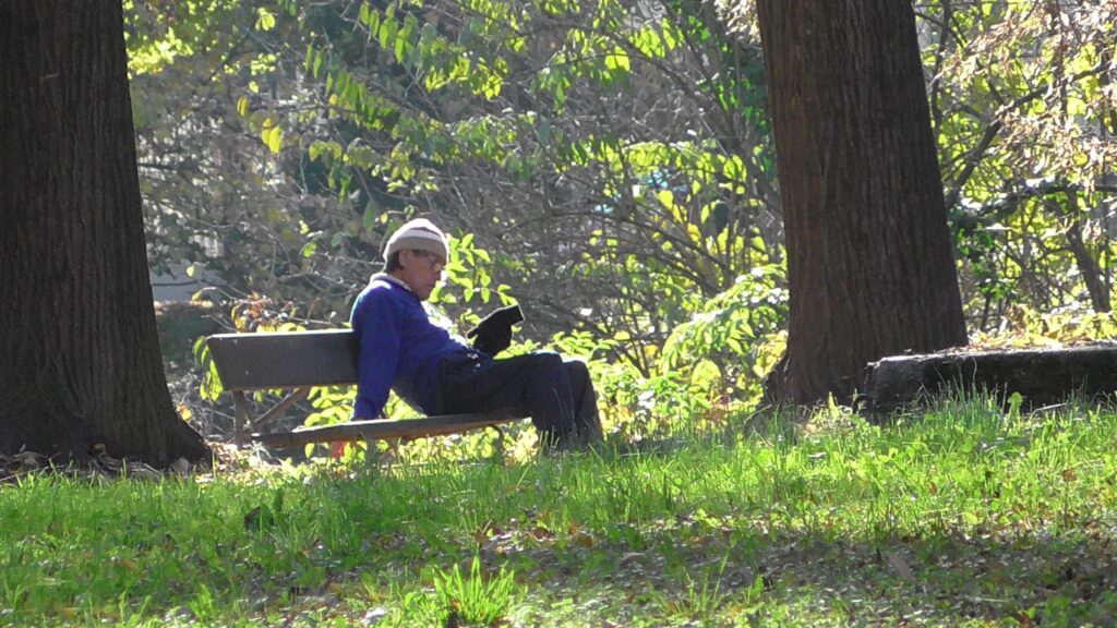 Immagine di un uomo intento a consultare il proprio smartphone mentre è seduto su una panchina in un parco. I luoghi sono molto più di una semplice posizione geografica. Ogni luogo (topos) è un argomento, un tema, una specificità, una suggestione, una forma di energia