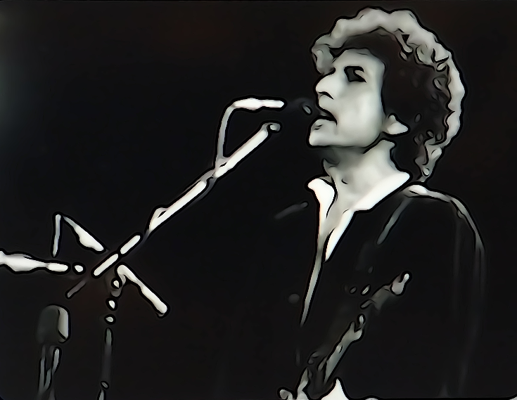 Elaborazione grafica di una storica foto in bianconero di Bob Dylan.
