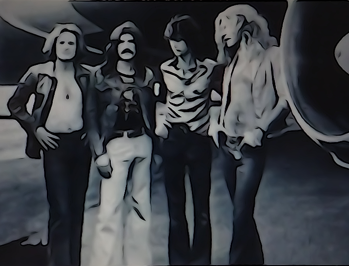 Elaborazione grafica di una storica foto in bianconero dei Led Zeppelin.