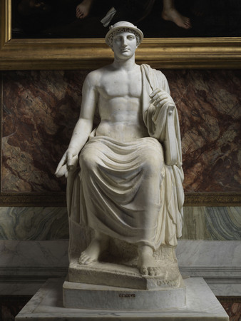 Arte Romana - Statua di imperatore seduto restaurato come Ermete con testa moderna. Galleria Borghese, Roma. Foto di Carlo de Blasio.