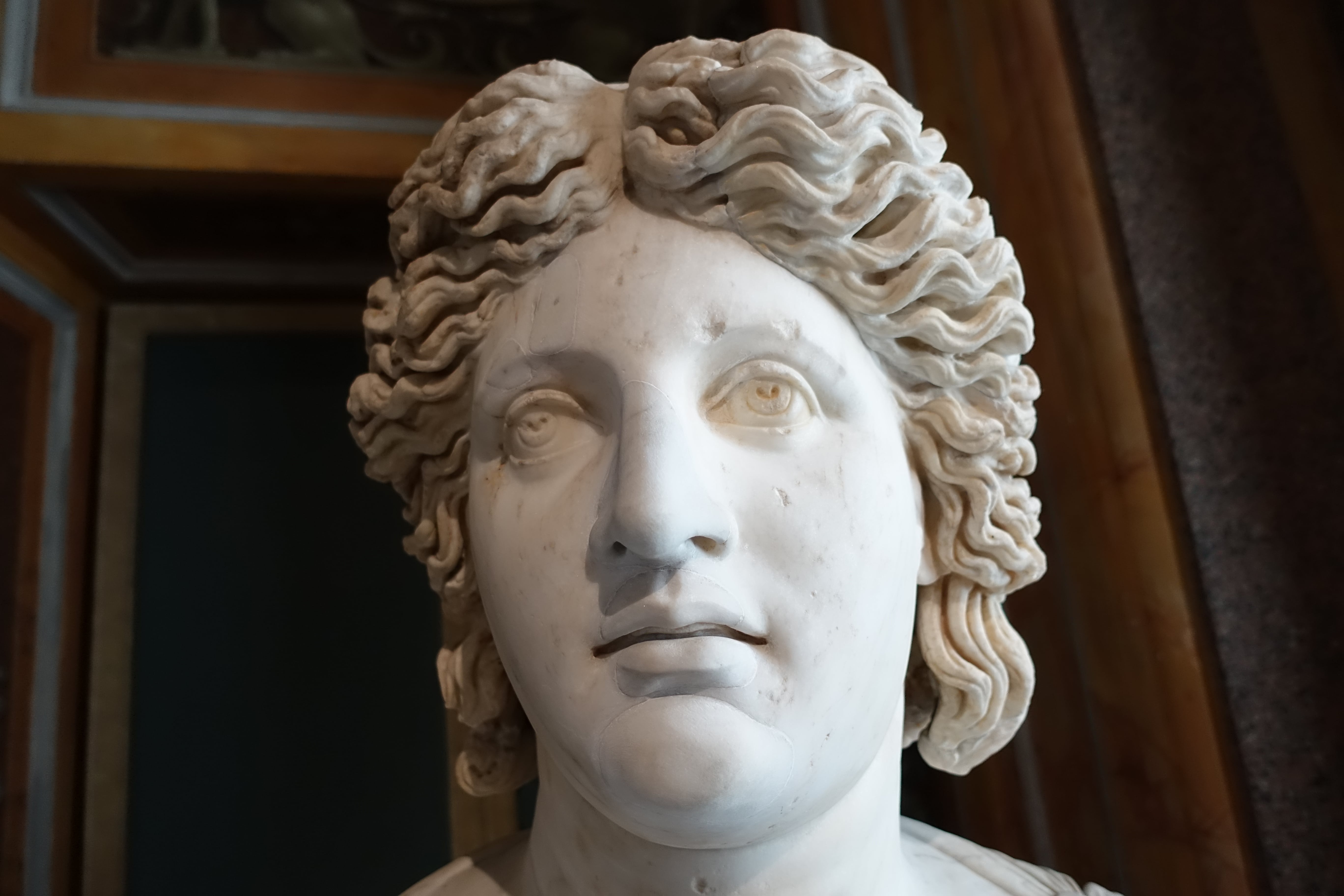 Arte Romana - Testa colossale di Apollo su busto moderno, dettaglio. (Galleria Borghese, Roma). Foto di Carlo de Blasio.